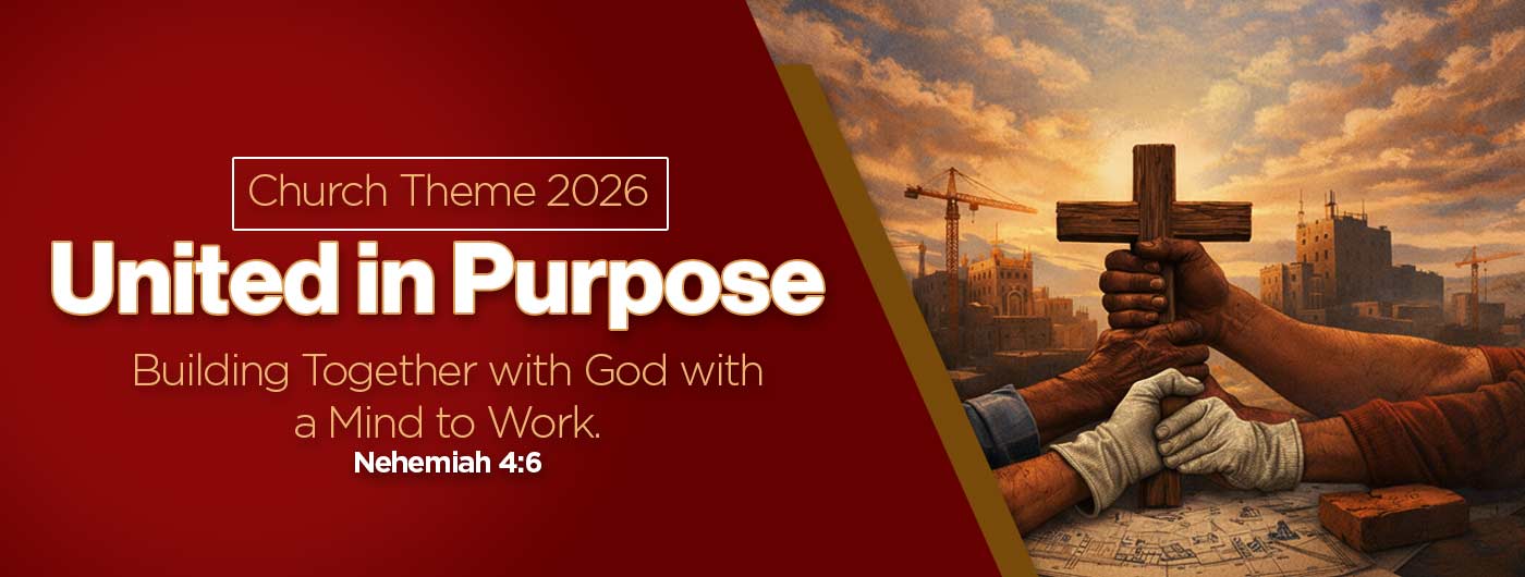 a banner with a group of hands holding a cross with the 2026 theme United in Purpose: Building Together with God with a Mind to Work  - Nehemiah 4:6