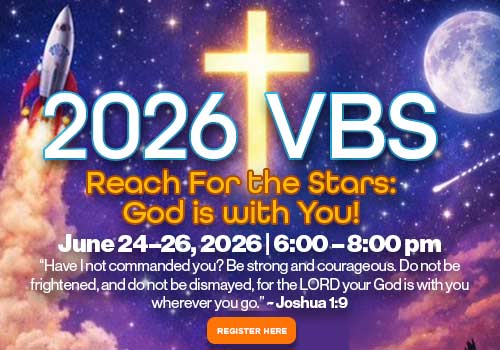 space themed banner to advertise 2026 VBS which is June 24–26, 2026 6:00 – 8:00 pm